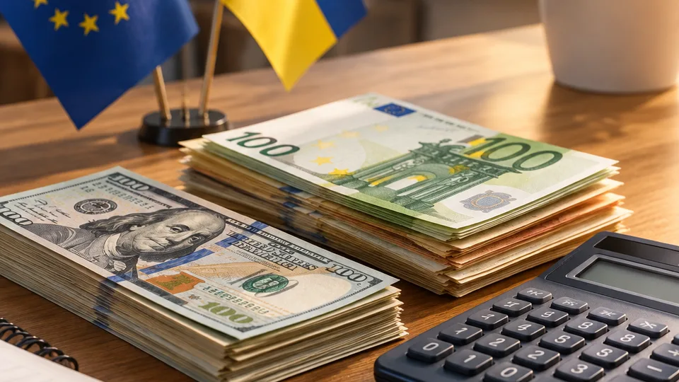 Тематична ілюстрація: долари, євро та калькулятор на столі.